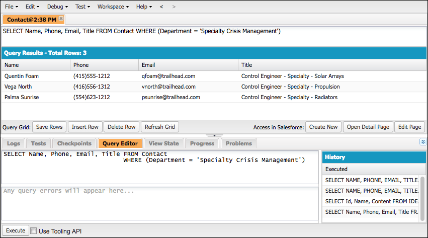 Using the Query Editor to execute SOQL Queries.